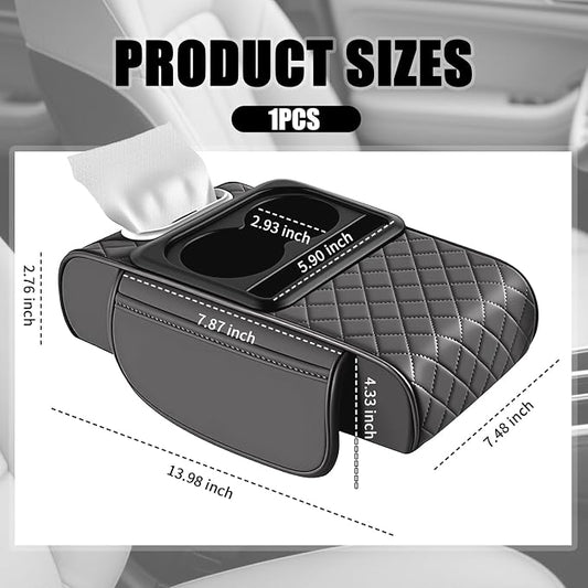 5-in-1 Car Center Console Cover,Leather Car Armrest Cover with Cars Tissue Holders/Cup Holder/Phone Holder/Storage Pocket,Thickened Cars Armrest Storage Box (Gray) - Image 2