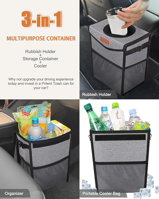 Pritent Car Trash Can with Lid Leakproof Car Garbage Bag Vehicle Trash Bin | Hanging Automotive Garbage Can,Multipurpose Car Accessories for Women Men Interior Car Storage Organizer(2 Gal,Grey) - Image 5
