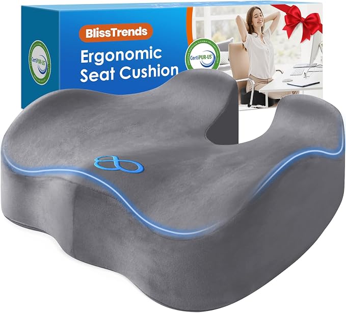 BlissTrends Thick Seat Cushion for Office Chair & Car Seat, XL, LightGrey | Memory Foam with Removable Cover, Ergonomic Tailbone & Sciatica Support for Pressure Relief and Long Sitting, 3.9" Thick by BlissTrends