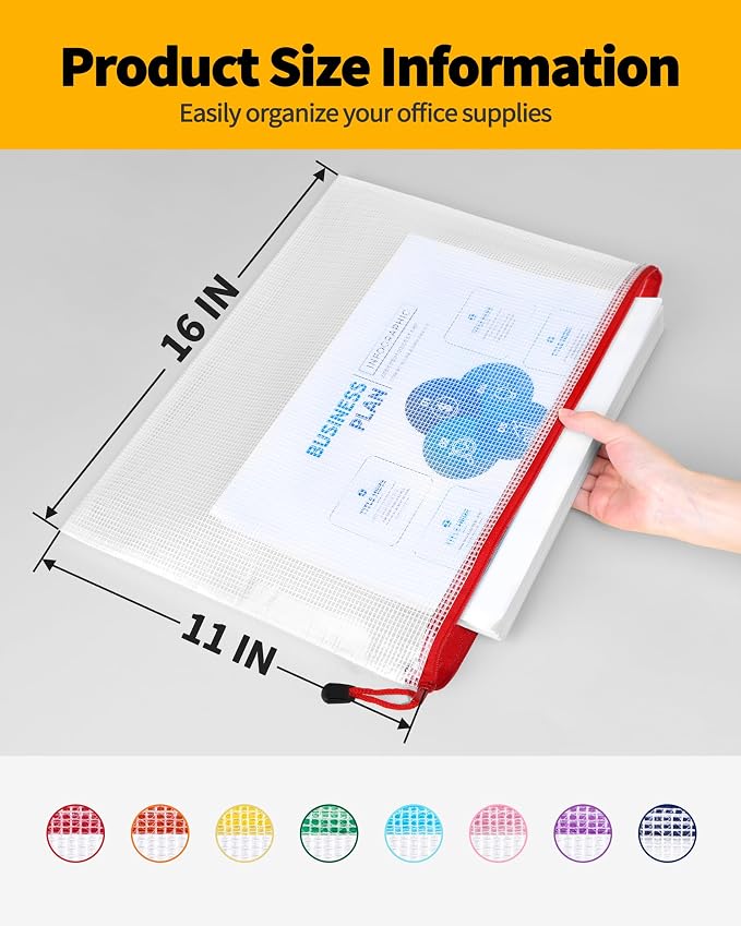 SUNEE Plastic Mesh Zipper Pouch 11x16 in (8 Colors, 24 Packs),Extra Large Water-Resistant Zip Bag for School Office Supplies, Puzzles & Games Organizing Storage - Image 2