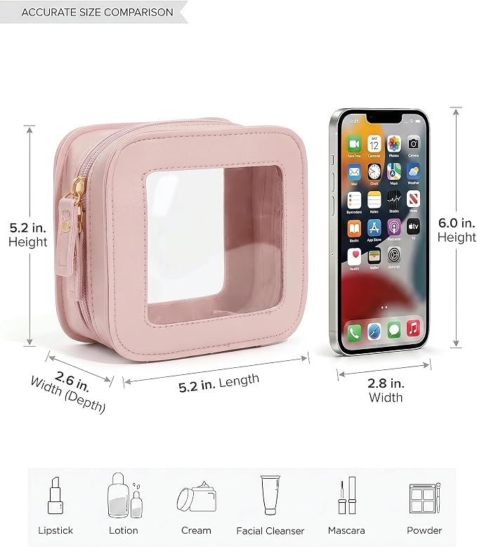 Small Makeup Bag for Purse Mini Cosmetics Bag Leather Cute Cosmetic Pouch for Women with Slip-in Pockets (Square, Light Pink) - Image 5