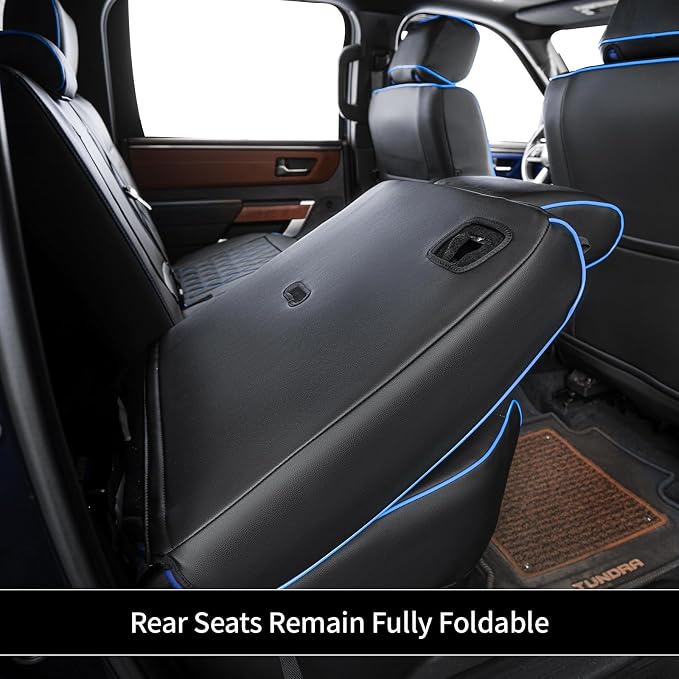 EKR Ram 1500 Seat Covers Custom Fit for (Quad Cab) RAM 1500 Big Horn/Long Star 2019-2025,Waterproof Black Car Seat Cover for Trucks Full Set-Faux Leather(Black with Blue Piping) - Image 8