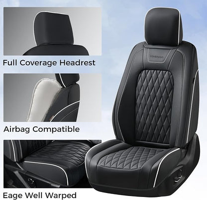 Coverado Premium Leather Full Set Seat Covers Waterproof Heavy-Duty Protectors Custom Fit for Ford F150 (2015-2026) F250/F350/F450 (2017-2026)-Black w/White Stitching, Wear-Resistant - Image 3