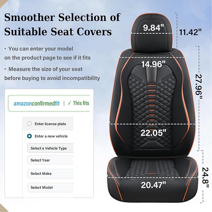 Coverado Automotive Seat Covers, Car Seat Covers Front Seats, Nappa Leather Black Orange Car Seat Cover, Waterproof Seat Cushion, 2 Pack Front Seat Covers Driver Seat Protector Fit for Most Cars SUV - Image 6