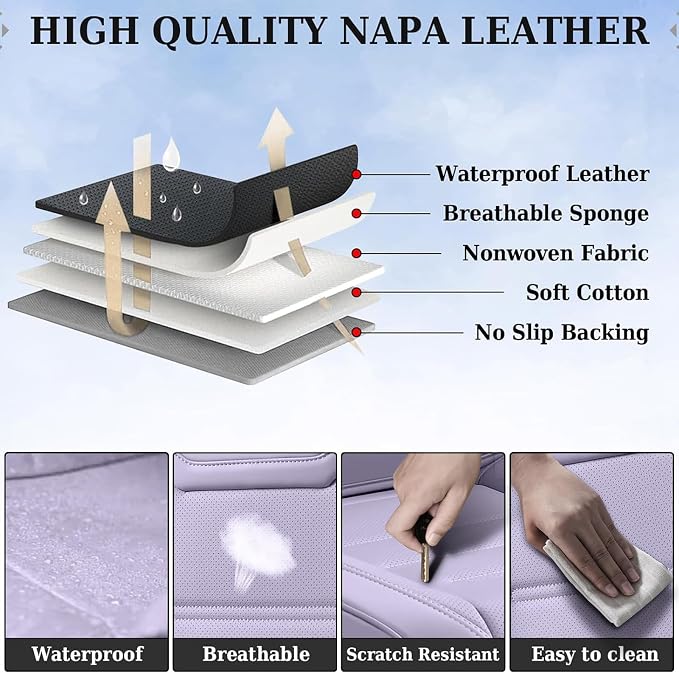 Coverado Car Seat Covers Full Set, Seat Covers for Cars, Car Seat Protector Waterproof, Leather Cushion, Universal Car Interior Covers Seat Protectors for Most Cars Purple - Image 7
