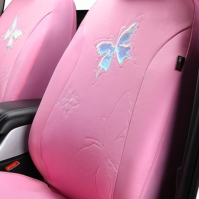 Flying Banner Butterfly car seat Covers ful Set Fashion Universal Lady Woman Female Rear Bench Split Colorized (Full Set - Lace, Solid Pink) - Image 4
