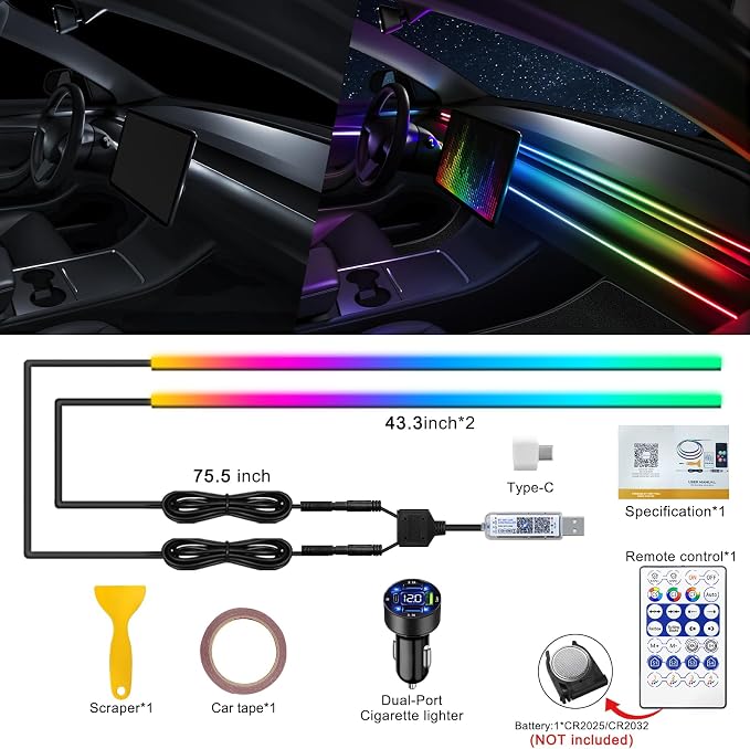 Dreamcolor Acrylic Interior Car LED Strip Light with USB/Type C/4-Port Cigarette Lighter, RGB 2 in 1 with 86.6 inches LEDs Ambient Lighting Kits, Sound Active Function Neon Led Strips for Car - Image 3