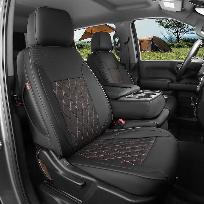 Silverado Seat Covers for 2014-2018 Chevy Silverado/GMC Sierra 1500/HD 2500/3500 DoubleCab Pickup Seat Cover,Fully Covered,Waterproof Truck Leather Seat Protector(Full Set,Black/Red) by Coverdream