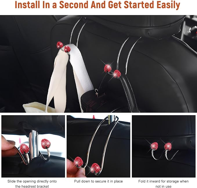2 PCS Car Headrest Hooks Decorations, Bling Strawberry-Shaped Auto Backseat Hangers, Stainless Steel Purse Hook Diamond Seat Back Storage Holder for Most Cars Trucks SUVs (Red) - Image 3