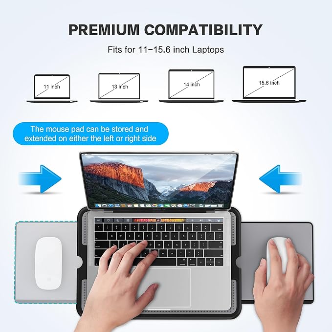 AboveTEK Portable Laptop Lap Desk w/Retractable Left/Right Mouse Pad Tray, Non-Slip Heat Shield Tablet Notebook Computer Stand Table w/Sturdy Stable Work Surface for Bed Sofa Couch or Travel - Image 6