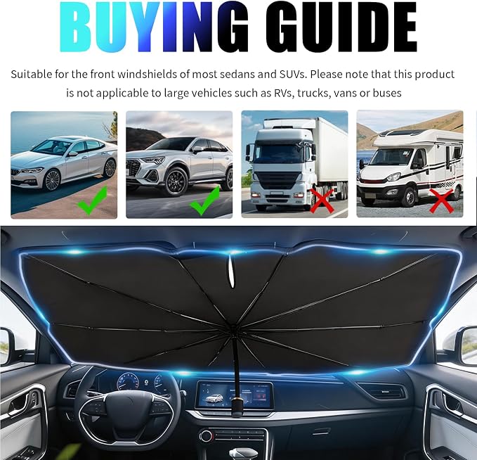 Car Windshield Sun Shade,Foldable Windshield Umbrella Sun Shade for Car for Reflecting Heat,Titanium Silver Umbrella Sunshade for Cars Windshields with Storage Pouch - Image 7