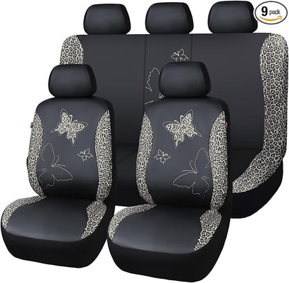 Flying Banner Butterfly car seat Covers ful Set Fashion Universal Lady Woman Female Rear Bench Split Colorized (Full Set - Faux Leather, Leopard Gray) by FlyingBanner