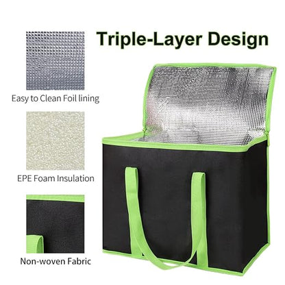 Bodaon 3-Pack Insulated Pizza Delivery Bags, X-Large Reusable Grocery Shopping Bags, Black with Green Edge - Image 5