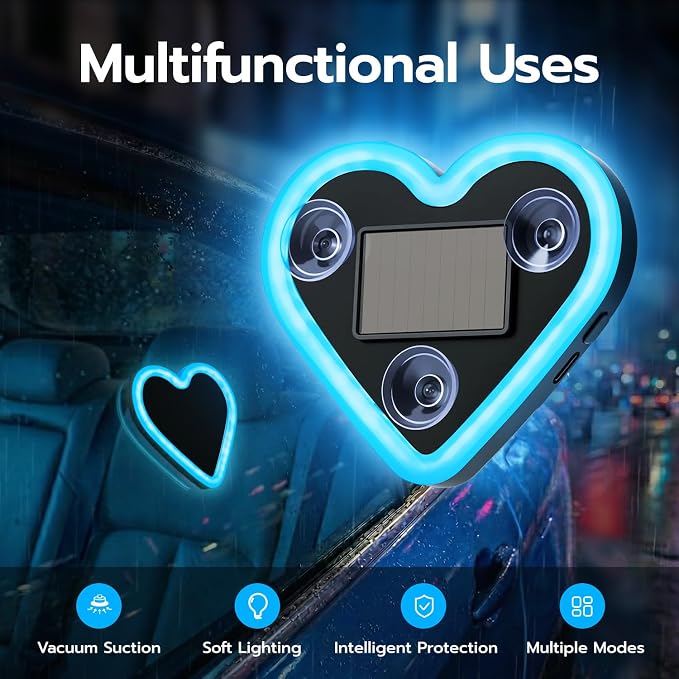 Mcbazel Car LED Ambient Light, Rechargeable Solar-Powered Heart-Shaped LED Light, 6 Lighting Modes, Romantic Car, Outdoor Decor, Ideal Gift for Couples, Women, Men - Ice Blue (1 Pcs) - Image 2