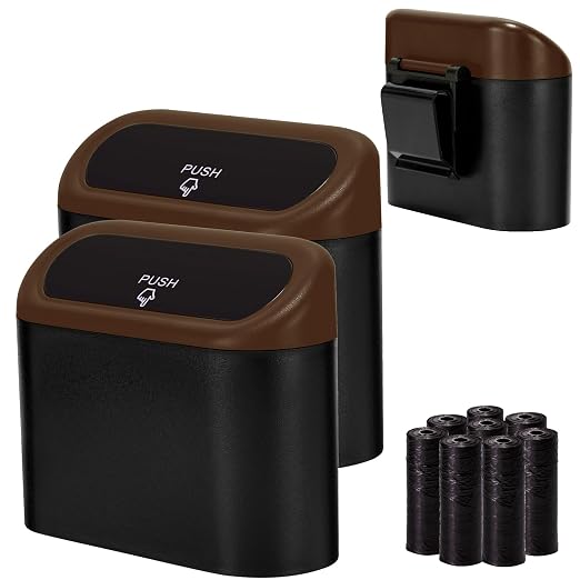 Ginsco 2 Pack Mini Car Trash Can with Lid, Small Car Garbage Can, Cute Leakproof ABS Car Trash Bin, Car Accessories for Interior, Garbage Bin for Car, Home, Office with 120pcs Trash Bags Black/Brown by Ginsco