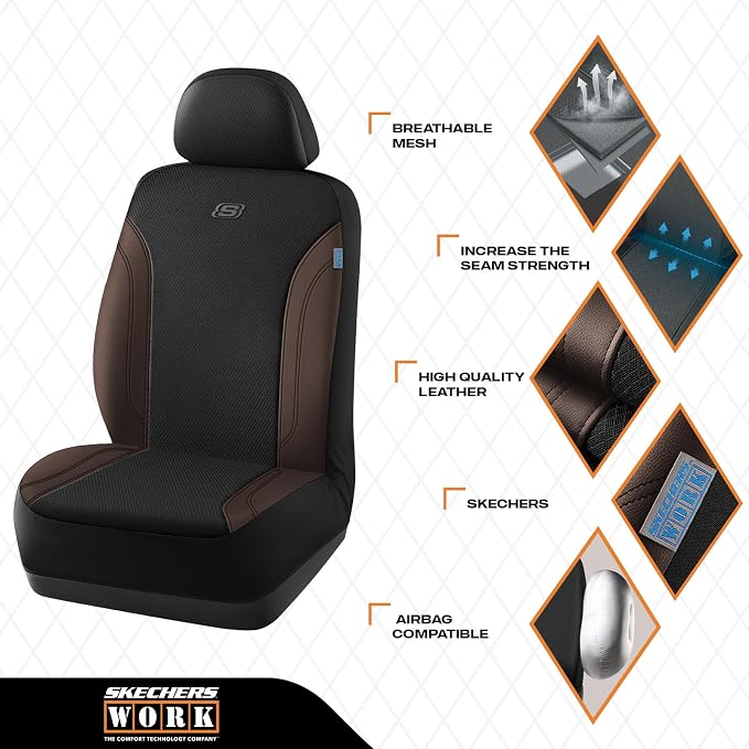 Skechers Work Seat Covers, Leather Car Seat Covers 5-Times Stronger Built-in Webbing, Oxford Fabric Front Seat Cover, Airbag Compatible, Automotive Comfort for Cars, Trucks, SUVs,Brown - Image 3