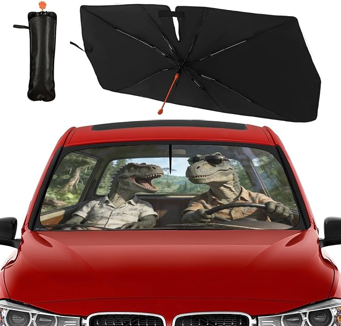 Dinosaur Car Windshield Sun Shade Umbrella Bendable Handle Foldable Funny Dinosaur Animal Driving Sunshade for Car Windshield Block UV Rays Keep Vehicle Cool for Most Sedans SUV Trucks 57"x30" - Image 3