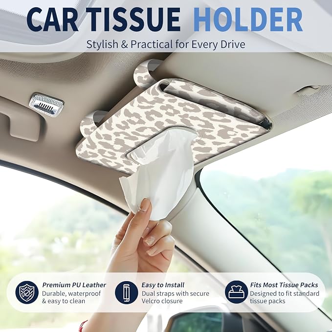 Car Tissue Holder, Cute Sun Visor Napkin Holder Backseat Tissue Case, PU Leather Tissue Box, Funny Car Accessories for Women Men Luxury Grey Leopard - Image 2