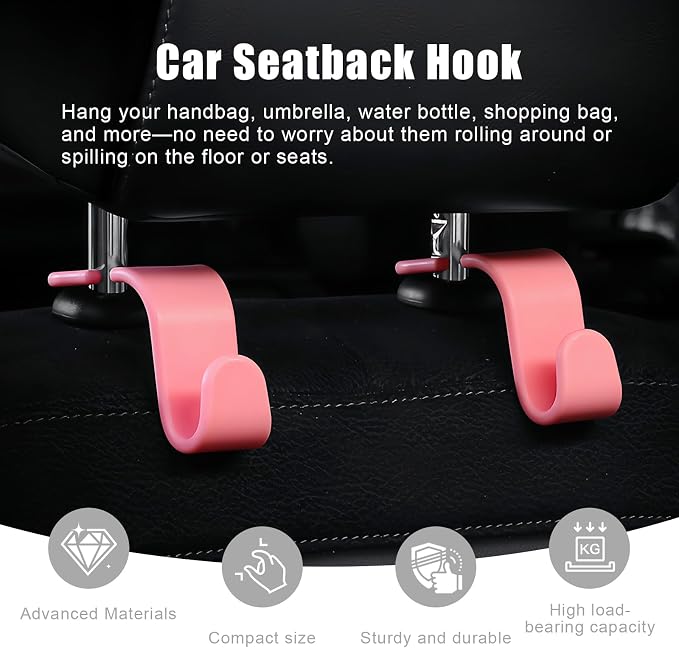 Purse Hook for Car, 4 PCS Car Purse Hook Headrest Hooks, 360° Rotatable Back Seat Storage Organizer, Universal Vehicle Seat Hanger for Purses, Handbags, Grocery Bags, Water Bottles, Pink - Image 3