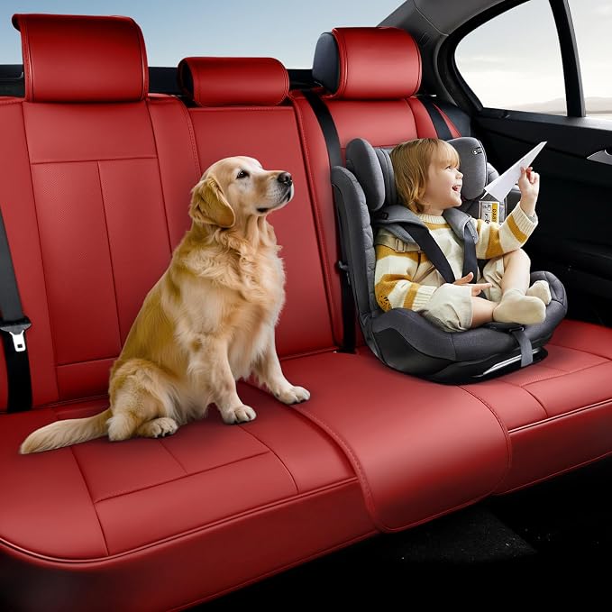 Coverado Rear Seat Covers, Faux Leather Car Seat Cover Back Seat, Dog Back Seat Cover, Red Backseat Car Covers, 3-Pieces Waterproof Seat Covers, Universal Car Seat Protector Fit Most Cars - Image 5