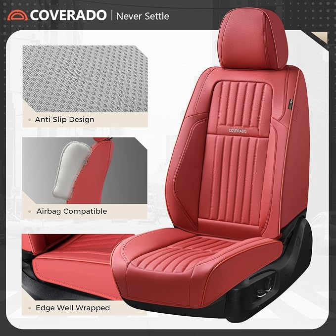 Coverado Car Seat Covers Front Seats, Seat Covers for Cars, Car Seat Protector, 2-Pack Car Seat Cushion Nappa Leather, Waterproof Seat Covers Carseat Cover Universal Fit for Most Cars Trucks(Red) - Image 4