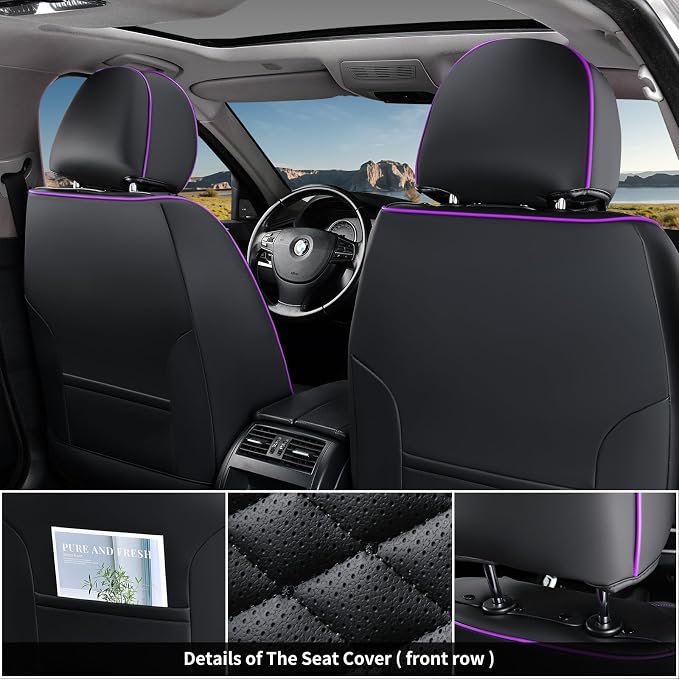 Coverado Leather Seat Covers, Car Seat Covers Full Set, Nappa Leather Seat Covers for Cars, Car Seat Protectors Waterproof, 5 Seats Black&Purple Automotive Seat Covers Fit for Most Cars Trucks - Image 3