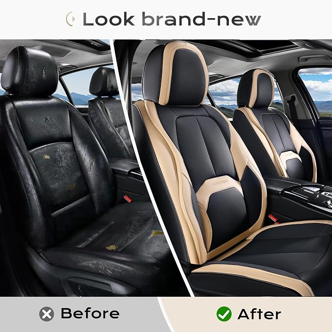 Coverado Car Seat Covers, Leather Seat Covers Full Set, Waterproof Car Seat Protector with Lumbar Support, Automotive Seat Covers Seat Cushions Universal Fit for Most Cars SUV Trucks, (Black&Beige) - Image 7