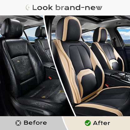 Coverado Car Seat Covers, Leather Seat Covers Full Set, Waterproof Car Seat Protector with Lumbar Support, Automotive Seat Covers Seat Cushions Universal Fit for Most Cars SUV Trucks, (Black&Beige) - Image 7