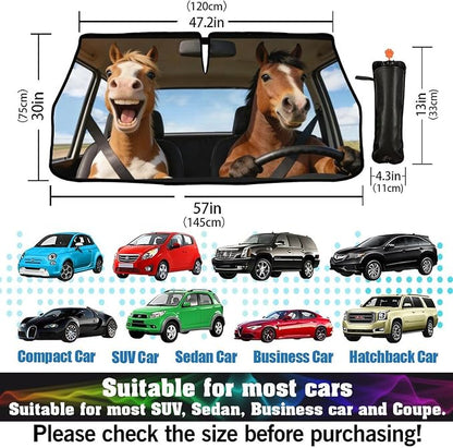 Horse Car Windshield Sun Shade Umbrella Bendable Handle Foldable Funny Horse Animal Driving Sunshade for Car Windshield Block UV Rays Keep Vehicle Cool for Most Sedans SUV Trucks 57"x30" - Image 3