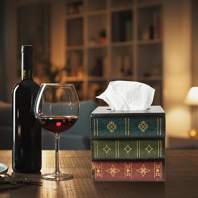 Crafted Classical Retro Wooden Antique Book Tissue Box Cover Square Tissue Holder Dispenser Paper Cover Case Napkin Holder Home Decor for Bathroom Living Room Office car Kitchen (Green) - Image 3