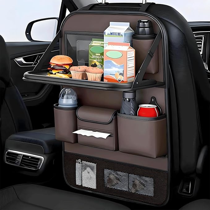 Universal Foldable Car Backseat Organizer with Table Tray, Car Seat Back Protector with Touch Screen Phone Holder, Premium Leather Kick Mats with Storage Pockets Tissue Holder (Brown) by FASTAGEI