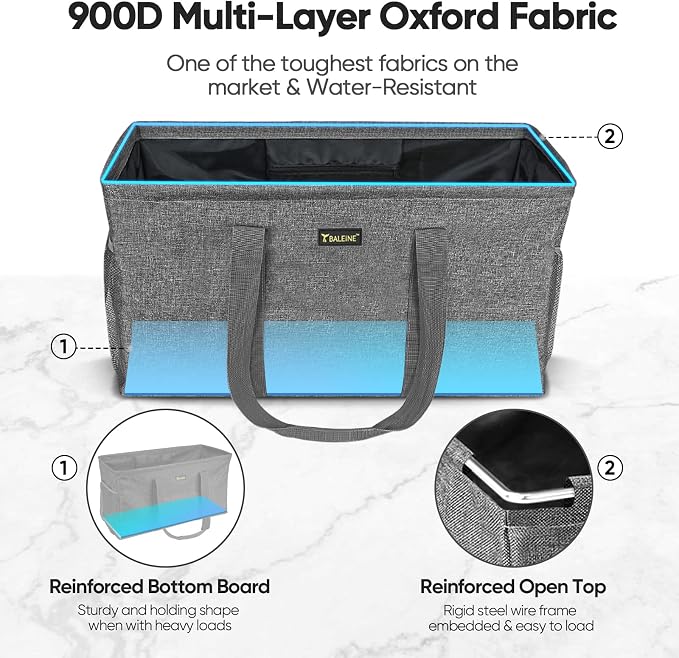 BALEINE Extra Large Utility Tote Bag with Wire Frame for Storage (Gray, 22''x12''x10'') - Image 3