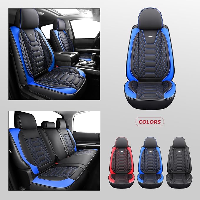 FREESOO Custom Leather for Toyota Tundra Seat Covers 2007-2013 Crewmax Cab | Fit for Crewmax Cab 5 Seats, Full Set, 60/40 Split Bench, Faux Leather, for Truck Toyota Tundra Accessories, BlackBlue - Image 7
