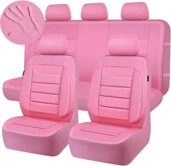 CAR PASS Pink Leather Seat Covers Full Set Universal Water Resistant 3D Foam Back Support, Luxury Comfort Automotive 5 Seat Covers for Women All Season Fit SUV,Sedan,Van, Airbag Compatible Pink - Image 9