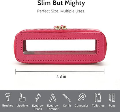 Aveniee Clear Makeup Brush Bag, Slim Brush Holder Cosmetic Case, Small Travel Toiletry Bag for Women, Thin Make up Bags with Dual Zipper, Cute Travel Essentials Srorage Bag,Hotpink - Image 4