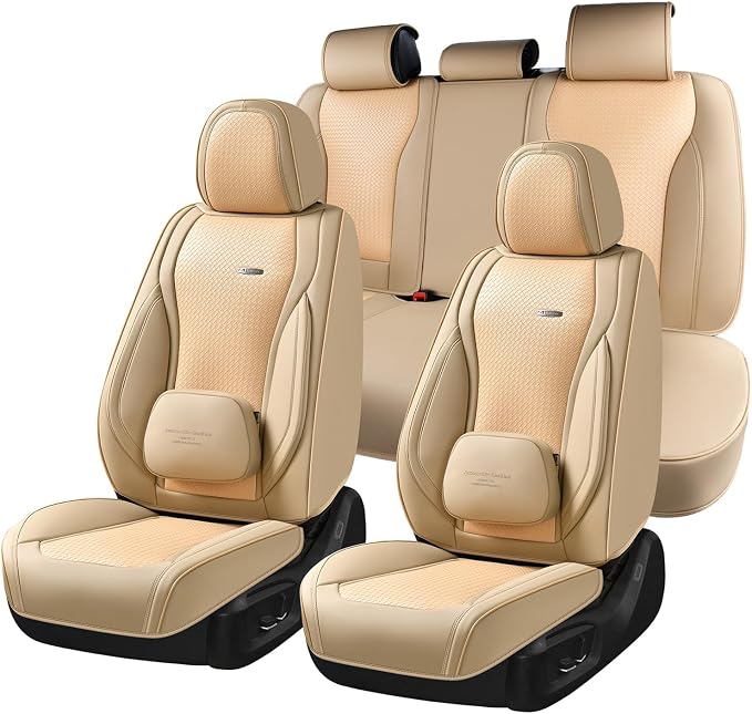 Coverado Car Seat Covers Full Set, Beige Seat Covers for Cars, Waterproof Nappa Leather Automotive Seat Covers with Lumbar Head Pillow, Car Seat Protectors, Universal Fit for Most Cars SUV by COVERADOAUTO