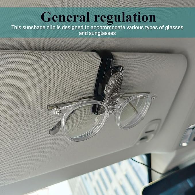 2PCS Glasses Holders for Car Sun Visor, Fashion Bling Crystal Rhinestones Car Eyeglasses Sunglasses Hanger Mount with Ticket Card Clip, Universal Vehicle Visor Accessories for Women Men (Gray) - Image 5