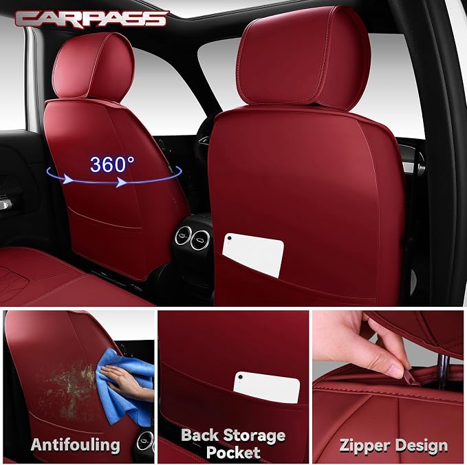 CAR PASS Luxury Nappa Leather Seat Covers Full Set, 3D Rhombus Waterproof Faux Leather Seat Covers, Premium Automotive Seat Cushion Universal Fit for Sedan SUV Truck Van,Airbag Compatible Burgundy Red - Image 4