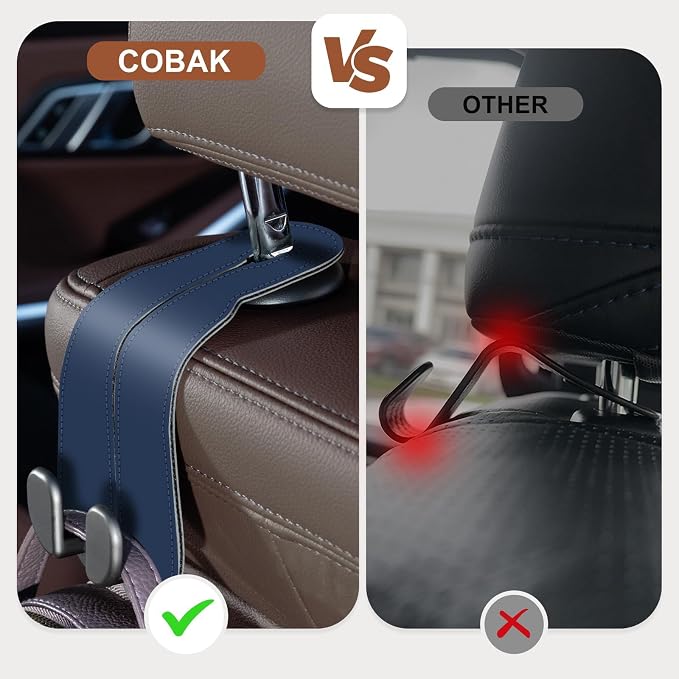 CoBak Purse Hook for Car - Universal Premium Stitched Leather and Aluminum-Magnesium Alloy Double Car Seat Back Storage Hook for Purses, Handbags, Bags (2 Pack),Indigo Blue - Image 3