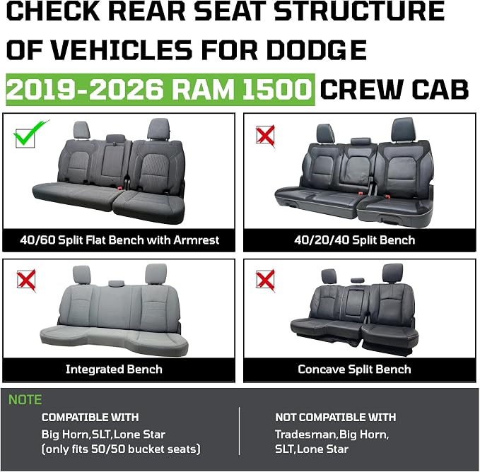Car Seat Covers Custom Fit for Dodge 2019-2026 Ram 1500 Crew Cab,Black | Custom Fit Faux Leather Full Set, Compatible with 5th Gen Ram 1500 Big Horn/Lone Star/Rebel/Sport, Waterproof, Easy to Clean - Image 8