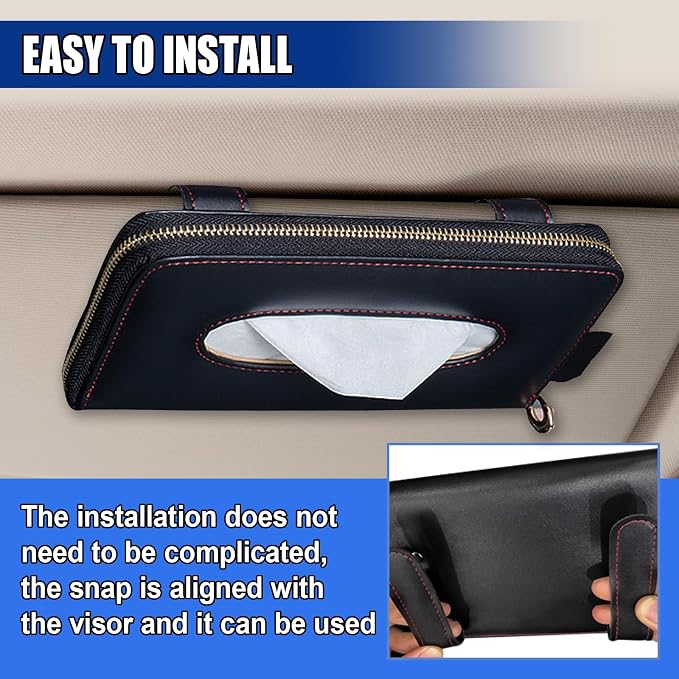 Car Tissue Holder, Leather Car Sun Visor Napkin Box with Tissue Refill, Auto Backseat Paper Carton Mask Dispenser with Zipper, Universal Hanging Vehicle Towel Clip for RV, SUV, Truck (Black) - Image 5