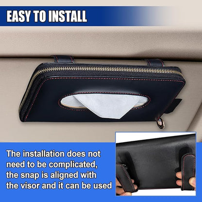 Car Tissue Holder, Leather Car Sun Visor Napkin Box with Tissue Refill, Auto Backseat Paper Carton Mask Dispenser with Zipper, Universal Hanging Vehicle Towel Clip for RV, SUV, Truck (Black) - Image 5