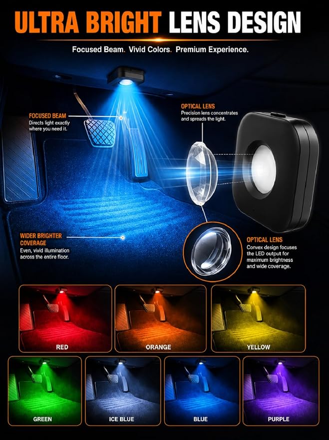 2PCS Car LED Lights Interior Wireless, 7 Color Ambient Lighting | USB-C Rechargeable 15H Battery, Smart Sync Car Decor Gifts for Men Women Teens All Vehicle Truck RV SUV Motorcycle - Image 2