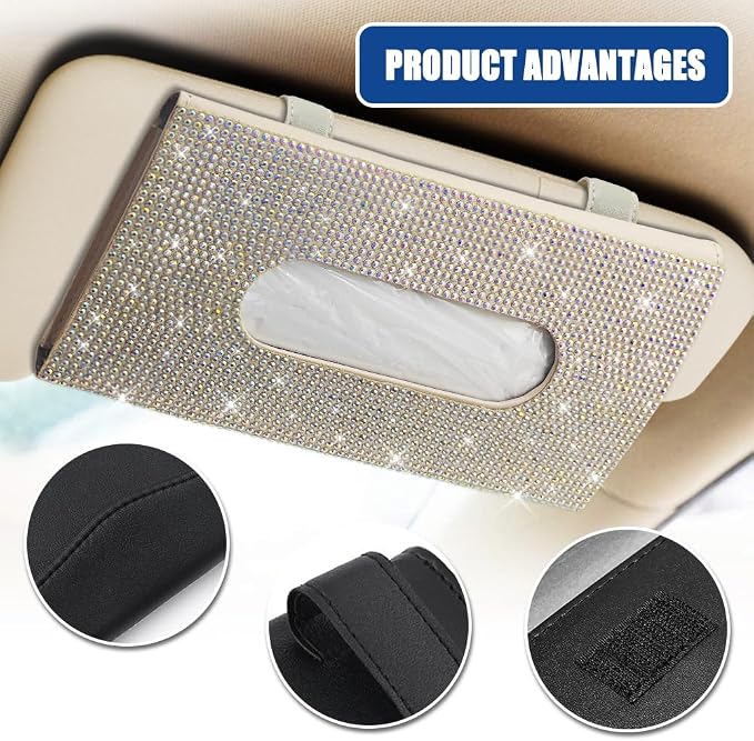 Bling Car Sun Visor Tissue Box Holder, Visor Accessories, Rhinestone PU Leather Crystal Sparkling Napkin Holder, Auto Sun Visor Paper Towel Cover Case Accessories for Most Cars (Beige+Colorful) - Image 3