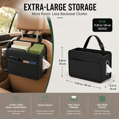 Noaman Upgraded Large Car Seat Storage Organizer with Tissue holder | PU Leather Backseat Car Organizer 3 in 1 Car Trash Bag Can 11.25 Liters Large Capacity Car Essentials Accessories Black - Image 2