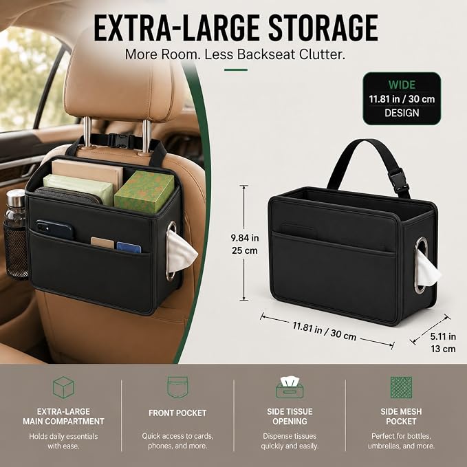 Noaman Car Seat Organizer Backseat Hanging Trash Can or Car Tissue Holder | 2.77 Gallon Large Capacity PU Leather Car Storage organizer with Side Metal Tissue Dispenser for Easy Access 2 Pack Black - Image 3