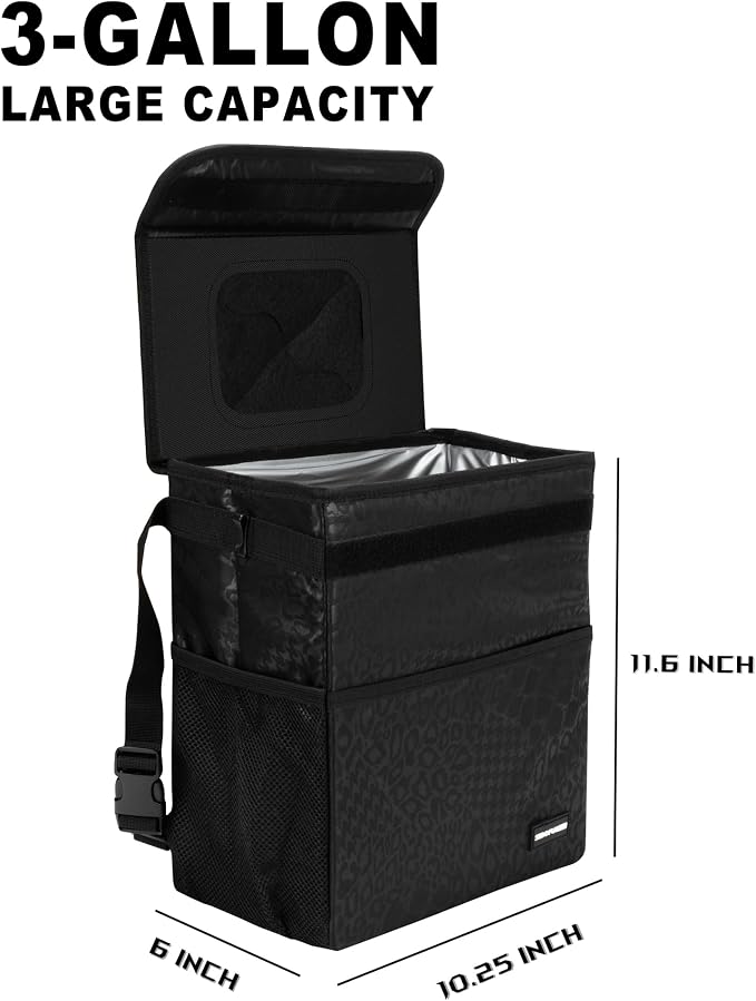 SIBOFUEGO Sturdy 3 Gallon Car Trash Can - Ultra Large Capacity, Leak Proof, Waterproof Car Organizer and Storage with Pockets and Adjustable Straps, Collapsible Interior Car Accessory (Black Leopard) - Image 2