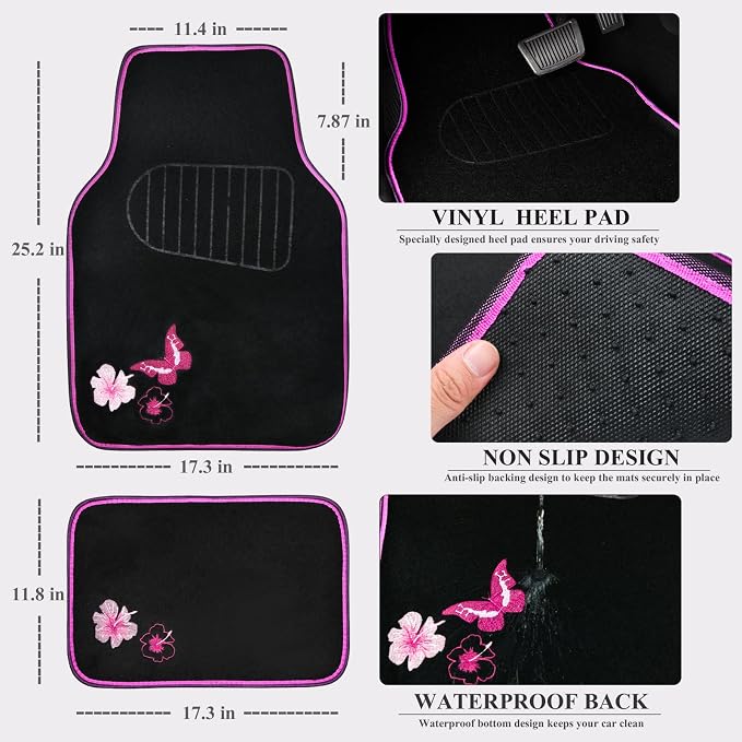 CAR PASS Universal Cloth Butterfly Car Seat Covers Full Set, Embroidered Flower Waterproof Car Floor Mats Carpet, Butterflies Steering Wheel Cover for Car Accessories Interior Sets (Black and Pink) - Image 6