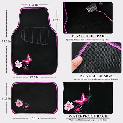 CAR PASS Universal Cloth Butterfly Car Seat Covers Full Set, Embroidered Flower Waterproof Car Floor Mats Carpet, Butterflies Steering Wheel Cover for Car Accessories Interior Sets (Black and Pink) - Image 6