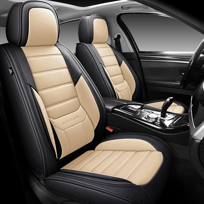 MINGBRON Seat Covers, Car Seat Covers Front Seats, Car Seat Cover, Car Seat Protector Waterproof, Car Seat Cushion Nappa Leather, Beige Seat Covers Carseat Cover Universal Fit for Most Cars by MINGBRONCARSEATCOVER